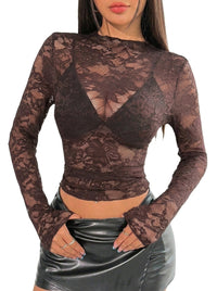 Damen Langarmshirt aus Spitze mit Stehkragen in Schokoladenbraun