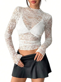 Damen Langarmshirt aus Spitze mit Stehkragen in Weiß