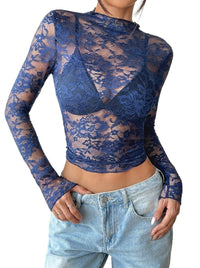 Damen Langarmshirt aus Spitze mit Stehkragen in Dunkelblau