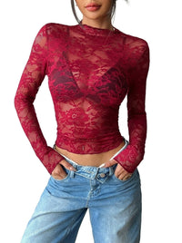 Damen Langarmshirt aus Spitze mit Stehkragen in Bordeaux