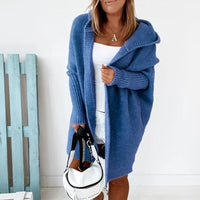 Damen lange Strickjacke mit Kapuze offener Front und strukturierten Bündchen in Blau