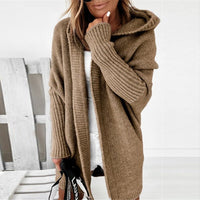 Damen lange Strickjacke mit Kapuze offener Front und strukturierten Bündchen in Khaki