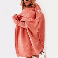 Damen lange Strickjacke mit Kapuze offener Front und strukturierten Bündchen in Orange