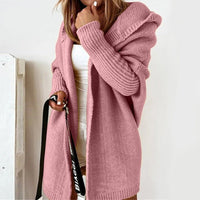 Damen lange Strickjacke mit Kapuze offener Front und strukturierten Bündchen in Rosa