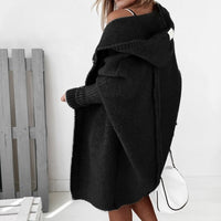Damen lange Strickjacke mit Kapuze offener Front und strukturierten Bündchen in Schwarz