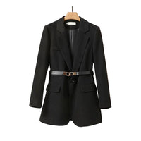 Damen Langer Blazer mit Gürtel und Reverskragen in Schwarz