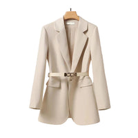 Damen Langer Blazer mit Gürtel und Reverskragen in Beige