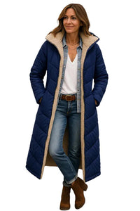 Damen Langer Steppmantel mit Kapuze und Innenfutter in Marineblau