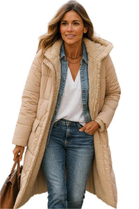 Damen Langer Steppmantel mit Kapuze und Innenfutter in Beige
