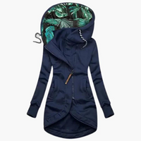 Damen Langjacke mit Kapuze und asymmetrischem Reißverschluss in Marineblau