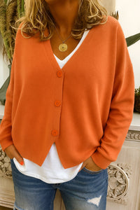Frieda | Damen Leichter V-Ausschnitt Geknöpfter Oversized Cardigan in Orange