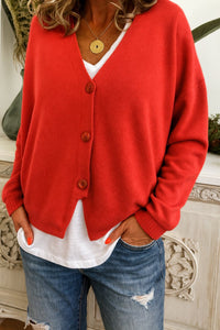 Frieda | Damen Leichter V-Ausschnitt Geknöpfter Oversized Cardigan in Rot