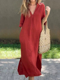 Mia | Damen Leinen-Baumwoll Maxi-Sommerkleid V-Ausschnitt Halbarm in Rot