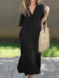 Mia | Damen Leinen-Baumwoll Maxi-Sommerkleid V-Ausschnitt Halbarm in Schwarz