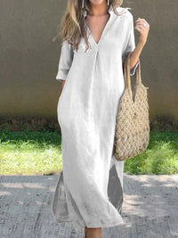 Mia | Damen Leinen-Baumwoll Maxi-Sommerkleid V-Ausschnitt Halbarm in Weiß