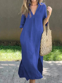 Mia | Damen Leinen-Baumwoll Maxi-Sommerkleid V-Ausschnitt Halbarm in Blau
