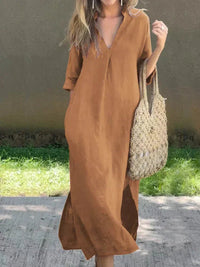 Mia | Damen Leinen-Baumwoll Maxi-Sommerkleid V-Ausschnitt Halbarm in Braun