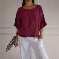 Luisa | Damen Leinen-Bluse mit Rüschenabschluss und Halbarm in Rot