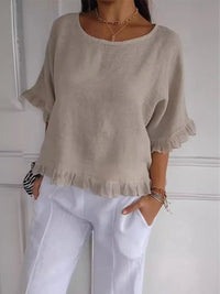 Annika | Damen Leinen-Bluse Rundhals Fransenrand Lockere Passform in Beige