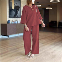 Hannah | Damen Leinen-Tunika Palazzo-Hosen Set Lässiges Zweiteiler-Outfit in Bordeaux