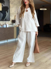 Hannah | Damen Leinen-Tunika Palazzo-Hosen Set Lässiges Zweiteiler-Outfit in Weiß