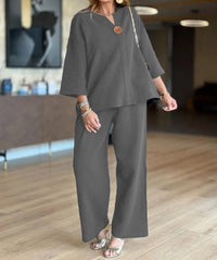 Hannah | Damen Leinen-Tunika Palazzo-Hosen Set Lässiges Zweiteiler-Outfit in Grau