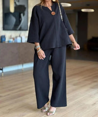 Hannah | Damen Leinen-Tunika Palazzo-Hosen Set Lässiges Zweiteiler-Outfit in Schwarz