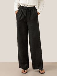 Damen Leinenhose mit weitem Bein und Kordelzug in Anthrazitschwarz