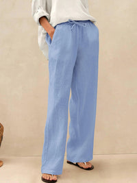 Damen Leinenhose mit weitem Bein und Kordelzug in Cerulean Blau
