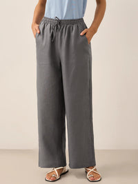 Damen Leinenhose mit weitem Bein und Kordelzug in Neutrales Grau