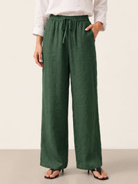 Damen Leinenhose mit weitem Bein und Kordelzug in Tannengrün