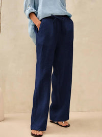 Damen Leinenhose mit weitem Bein und Kordelzug in Marineblau