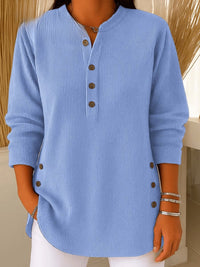 Sophie | Damen Longline Gerippte Henley-Tunika Seitenknopf-Detail in Blau