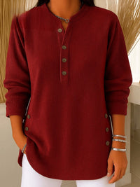 Sophie | Damen Longline Gerippte Henley-Tunika Seitenknopf-Detail in Burgund