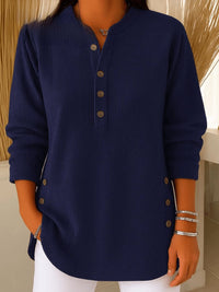Sophie | Damen Longline Gerippte Henley-Tunika Seitenknopf-Detail in Marineblau
