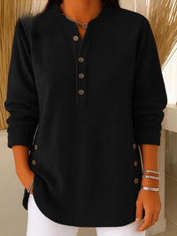 Sophie | Damen Longline Gerippte Henley-Tunika Seitenknopf-Detail in Schwarz