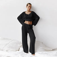 Damen Loungewear-Set mit langärmligem Oberteil Rundhalsausschnitt und weiter Hose in Schwarz