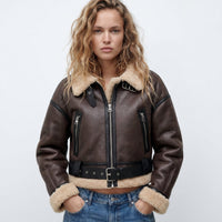 Elfriede | Damen Luxus Doppelseitige Lammfell Bomber Jacke in Braun