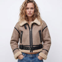 Elfriede | Damen Luxus Doppelseitige Lammfell Bomber Jacke in Khaki
