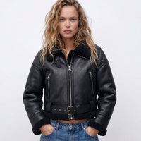 Elfriede | Damen Luxus Doppelseitige Lammfell Bomber Jacke in Schwarz
