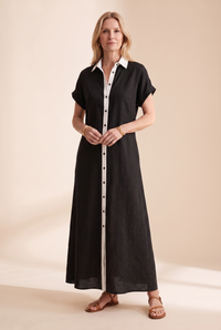 Damen Maxi-Hemdblusenkleid mit kurzen Ärmeln in Schwarz