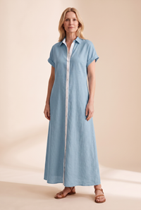 Damen Maxi-Hemdblusenkleid mit kurzen Ärmeln in Blau