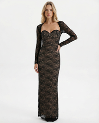 Damen Maxi Kleid mit Herzausschnitt abnehmbaren langen Ärmeln und floralem Spitzenmuster in Schwarz