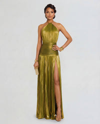 Damen Maxi Kleid mit Neckholder Ausschnitt und Beinschlitz in Grün