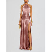 Damen Maxi Kleid mit Neckholder Ausschnitt und Beinschlitz in Rosa