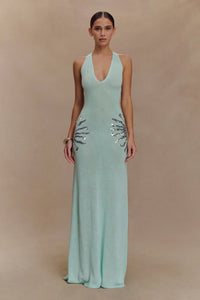 Damen Maxi Kleid mit tiefem V-Ausschnitt und Pailletten Applikationen an den Seiten in Blau