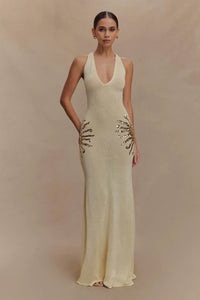 Damen Maxi Kleid mit tiefem V-Ausschnitt und Pailletten Applikationen an den Seiten in Elfenbein