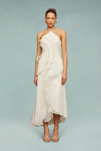 Damen Maxikleid mit Neckholder, Faltenstruktur und Rüschendetails in Weiß