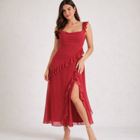 Damen Maxikleid mit Riemen und Rüschenbesatz in Rot