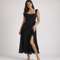 Damen Maxikleid mit Riemen und Rüschenbesatz in Schwarz